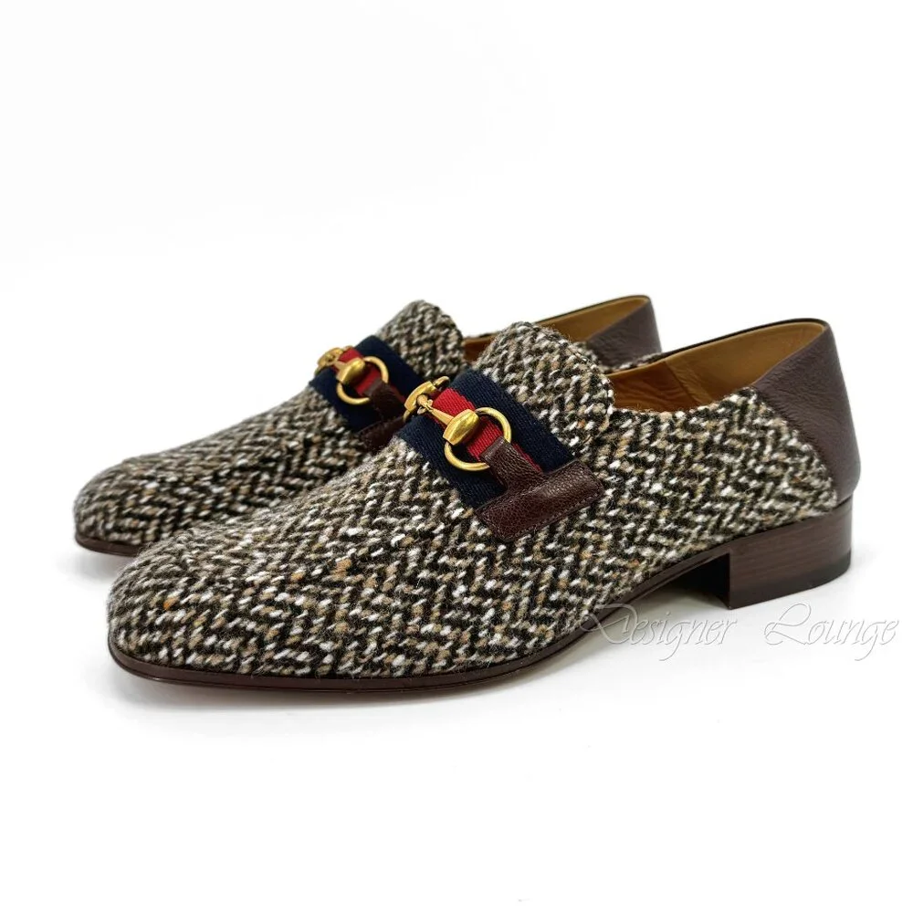 NEW GUCCI Horsebit Herringbone Tweed & Leather Loafers G 8 / US 8.5 Authentic - Picture 2 of 10